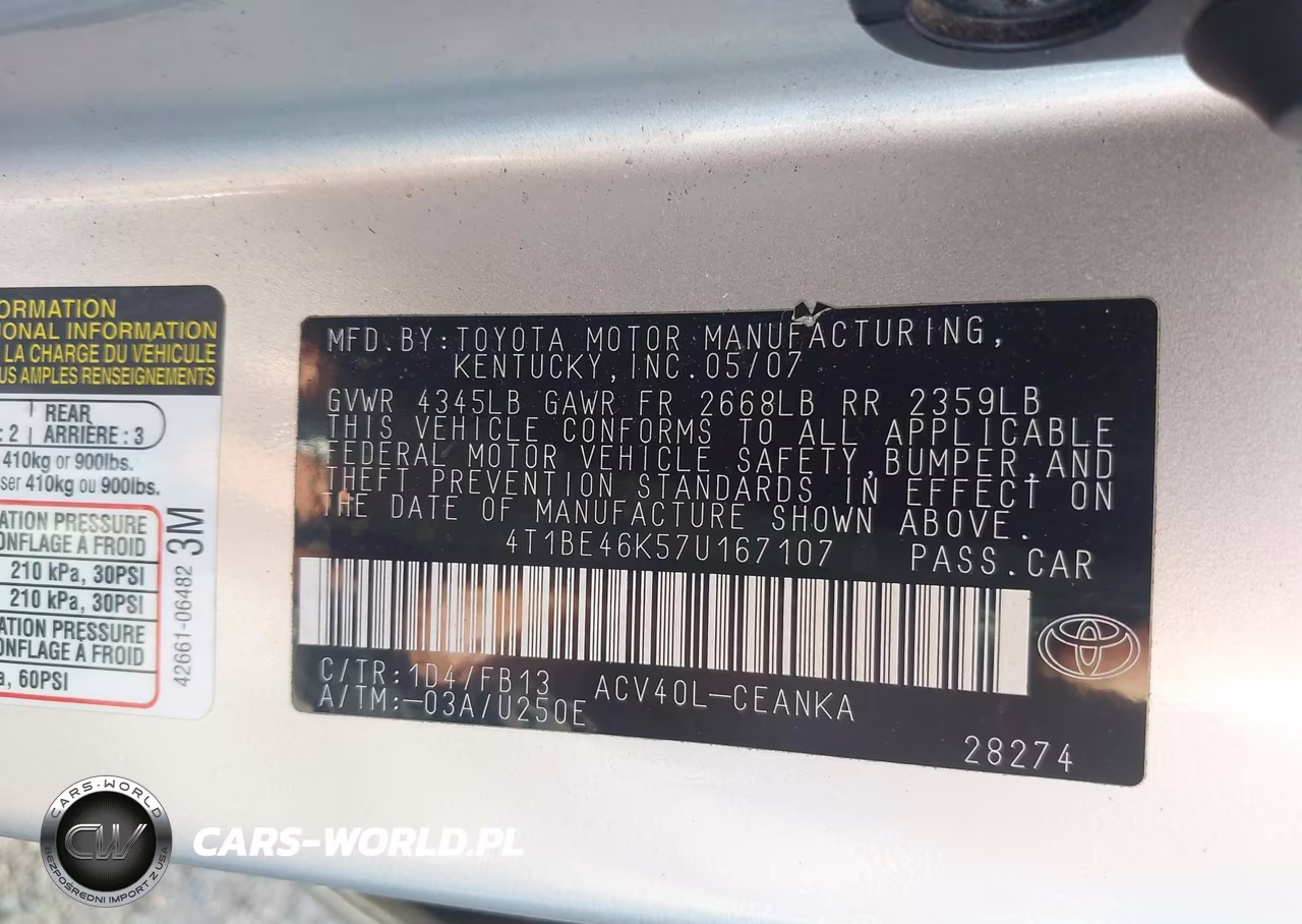 2007 Toyota Camry Le VIN:4T1BE46K57U167107 - 9