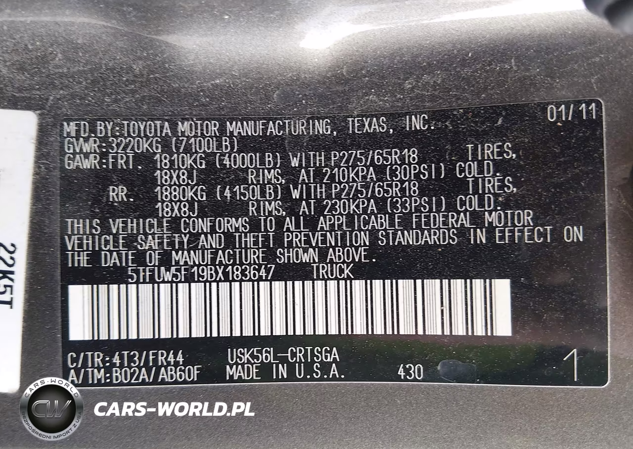 2011 Toyota Tundra Grade 5.7L V8 VIN:5TFUW5F19BX183647 - 9