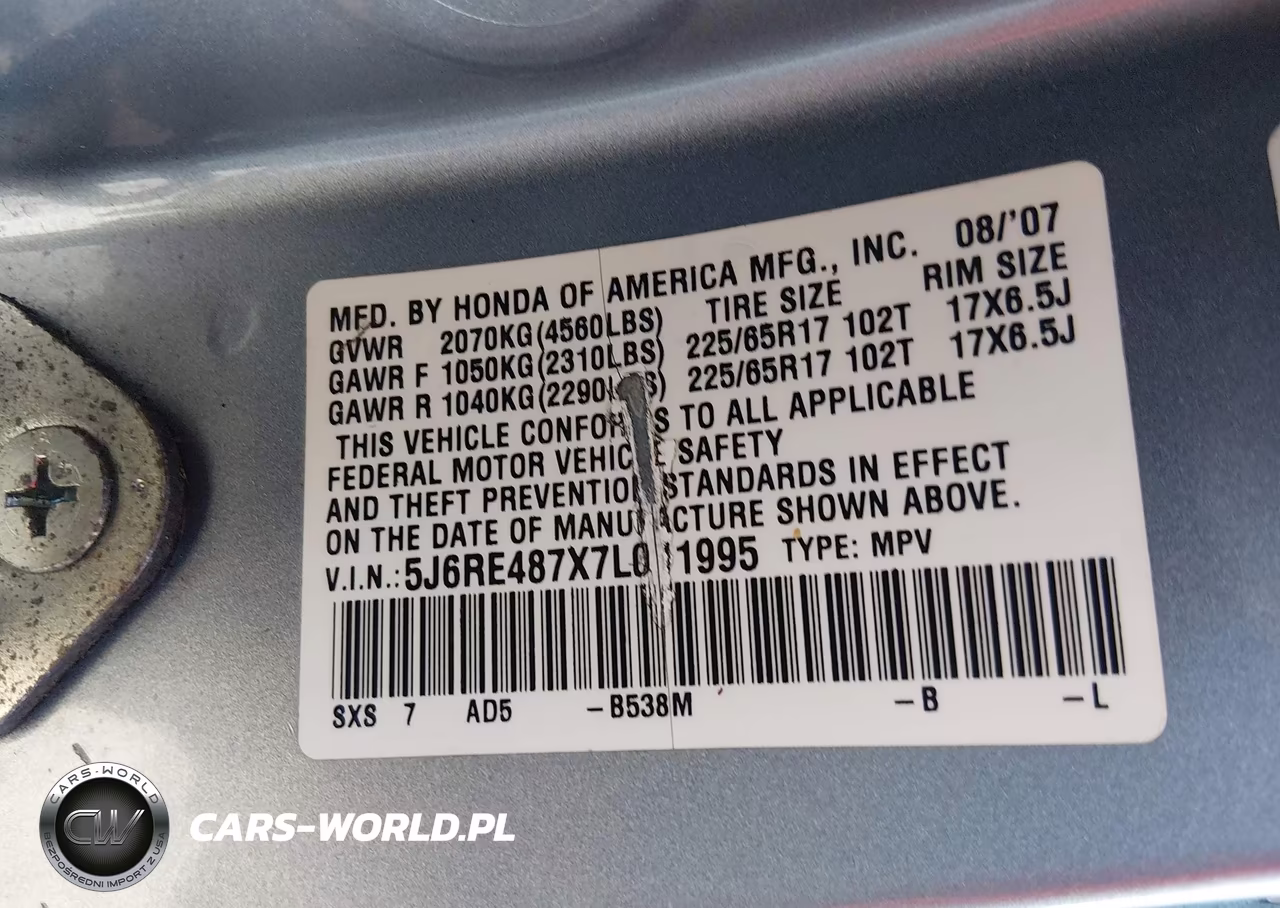 2007 Honda Cr-V Ex-L VIN:5J6RE487X7L011995 - 9