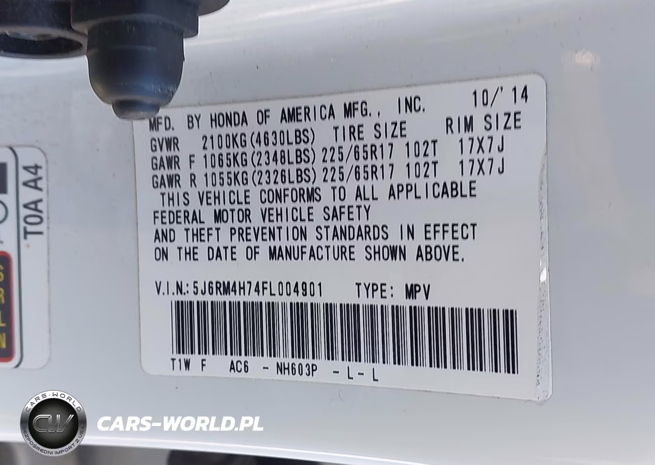 2015 Honda Cr-V Ex-L VIN:5J6RM4H74FL004901 - 9