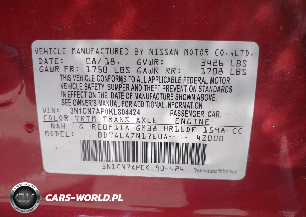 2019 Nissan Versa 1.6 S+ VIN:3N1CN7AP0KL804424 - 9