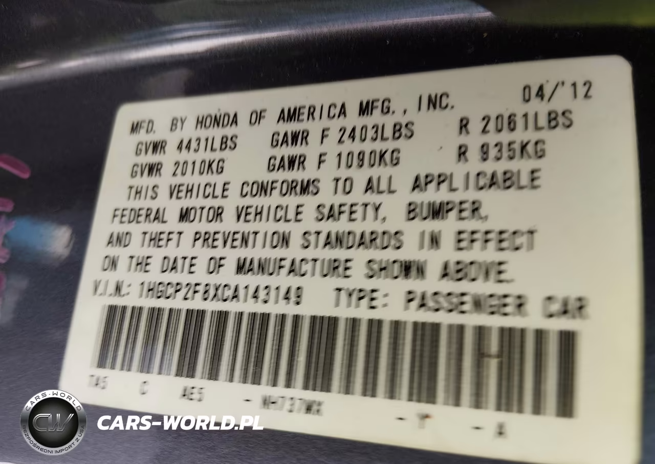 2012 Honda Accord 2.4 Ex-L VIN:1HGCP2F8XCA143149 - 9