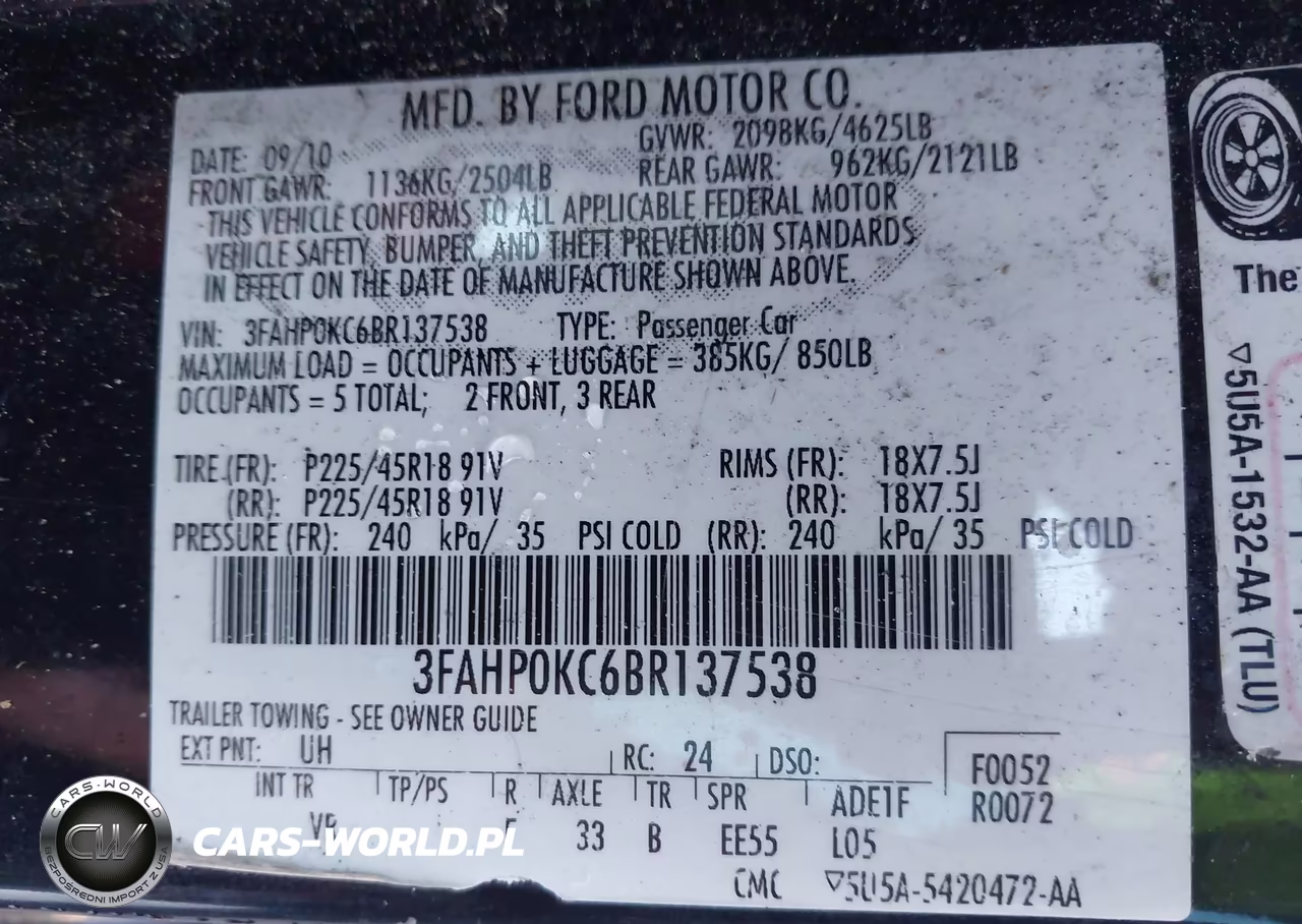 2011 Ford Fusion Sport VIN:3FAHP0KC6BR137538 - 9