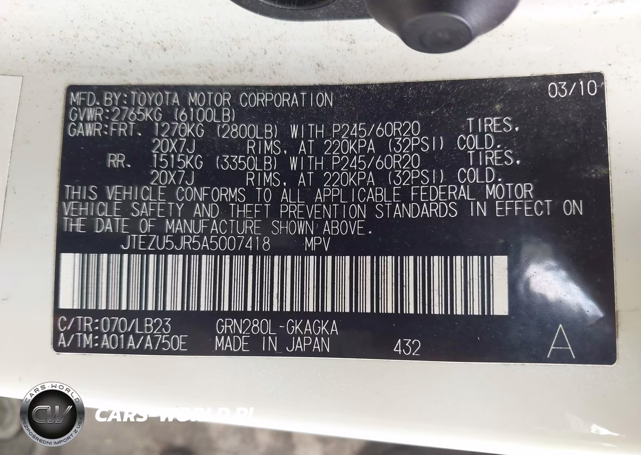 2010 Toyota 4Runner Limited V6 VIN:JTEZU5JR5A5007418 - 9