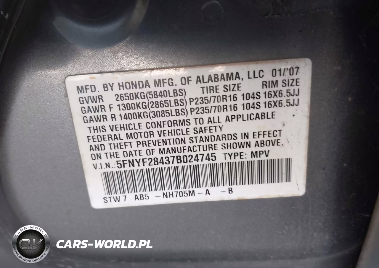 2007 Honda Pilot Ex VIN:5FNYF28437B024745 - 9