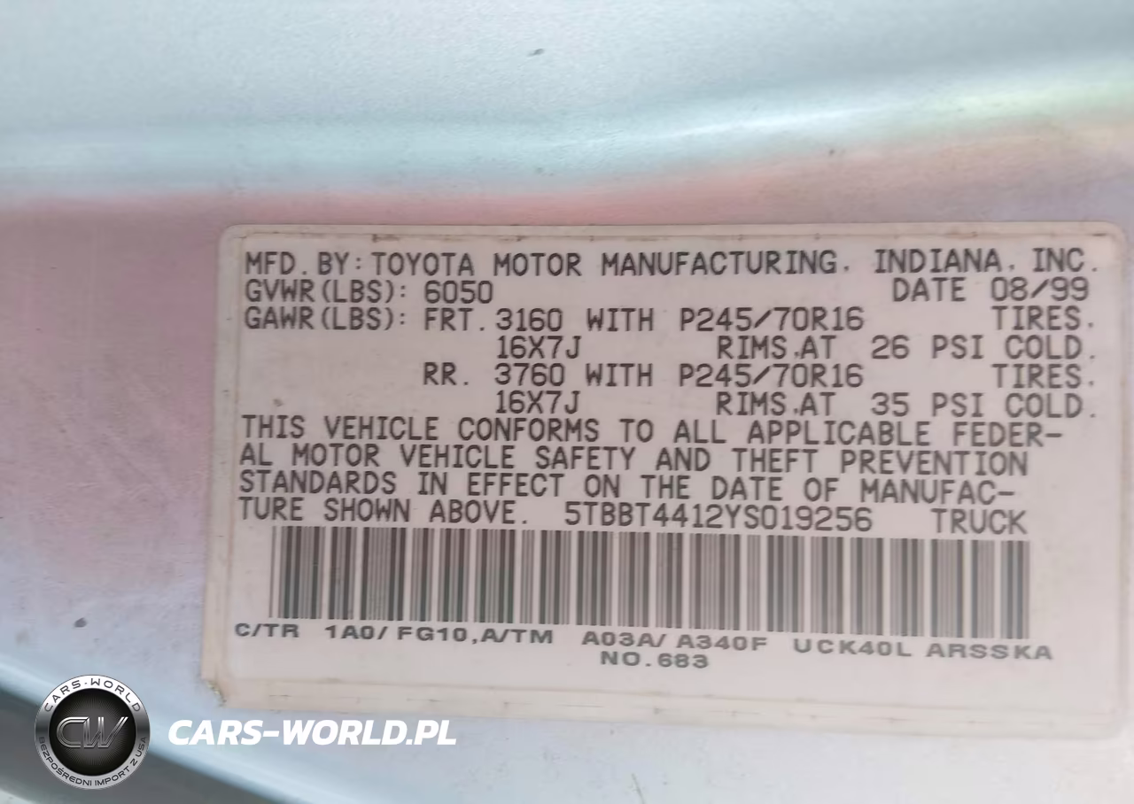 2000 Toyota Tundra Sr5 V8 VIN:5TBBT4412YS019256 - 9