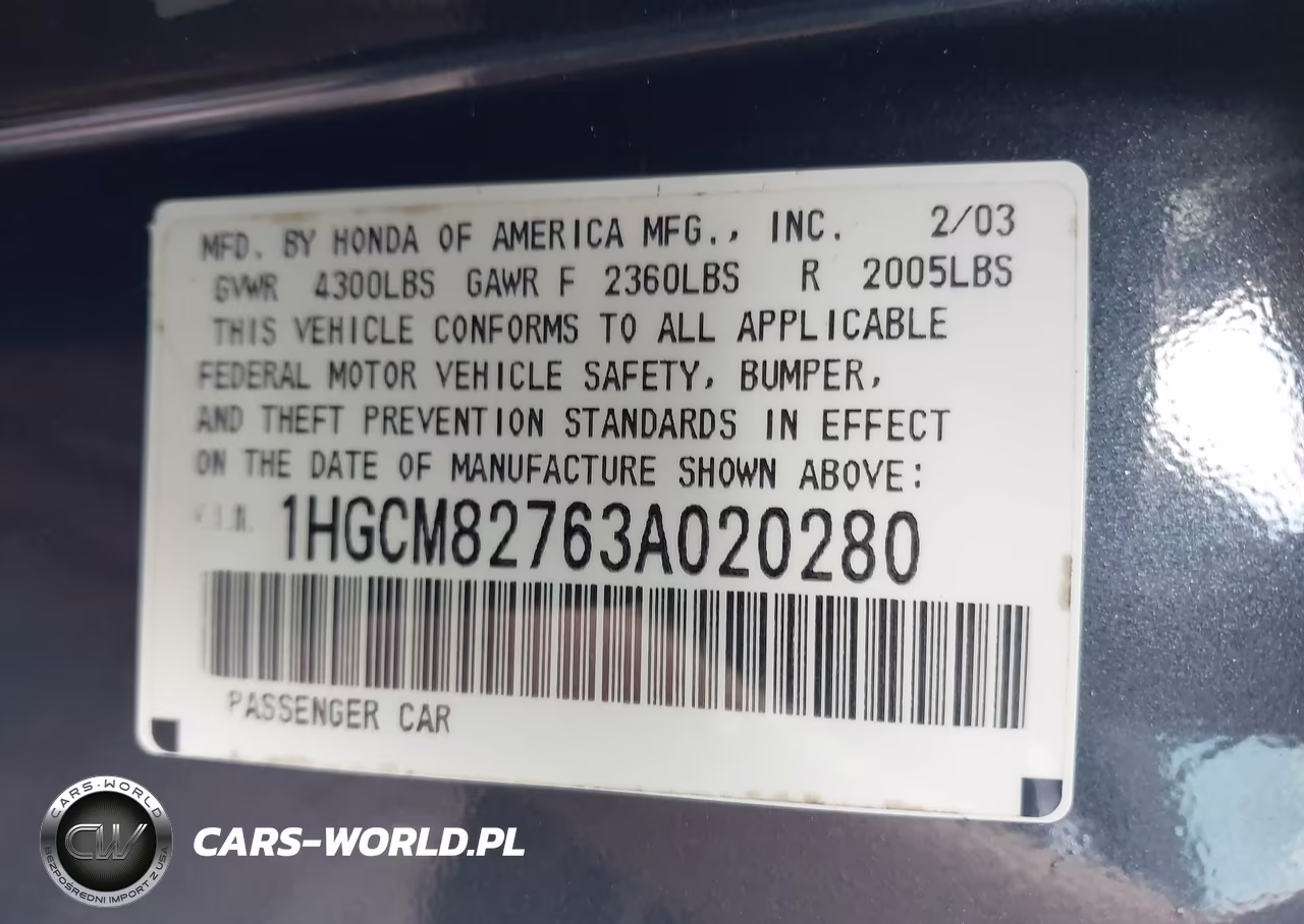 2003 Honda Accord 3.0 Ex VIN:1HGCM82763A020280 - 9