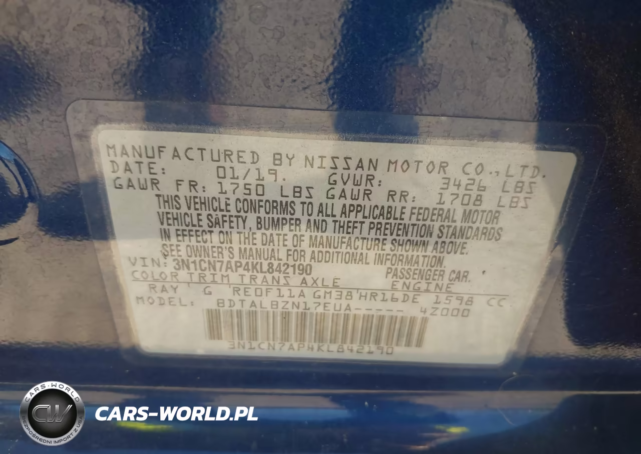 2019 Nissan Versa 1.6 Sv VIN:3N1CN7AP4KL842190 - 9
