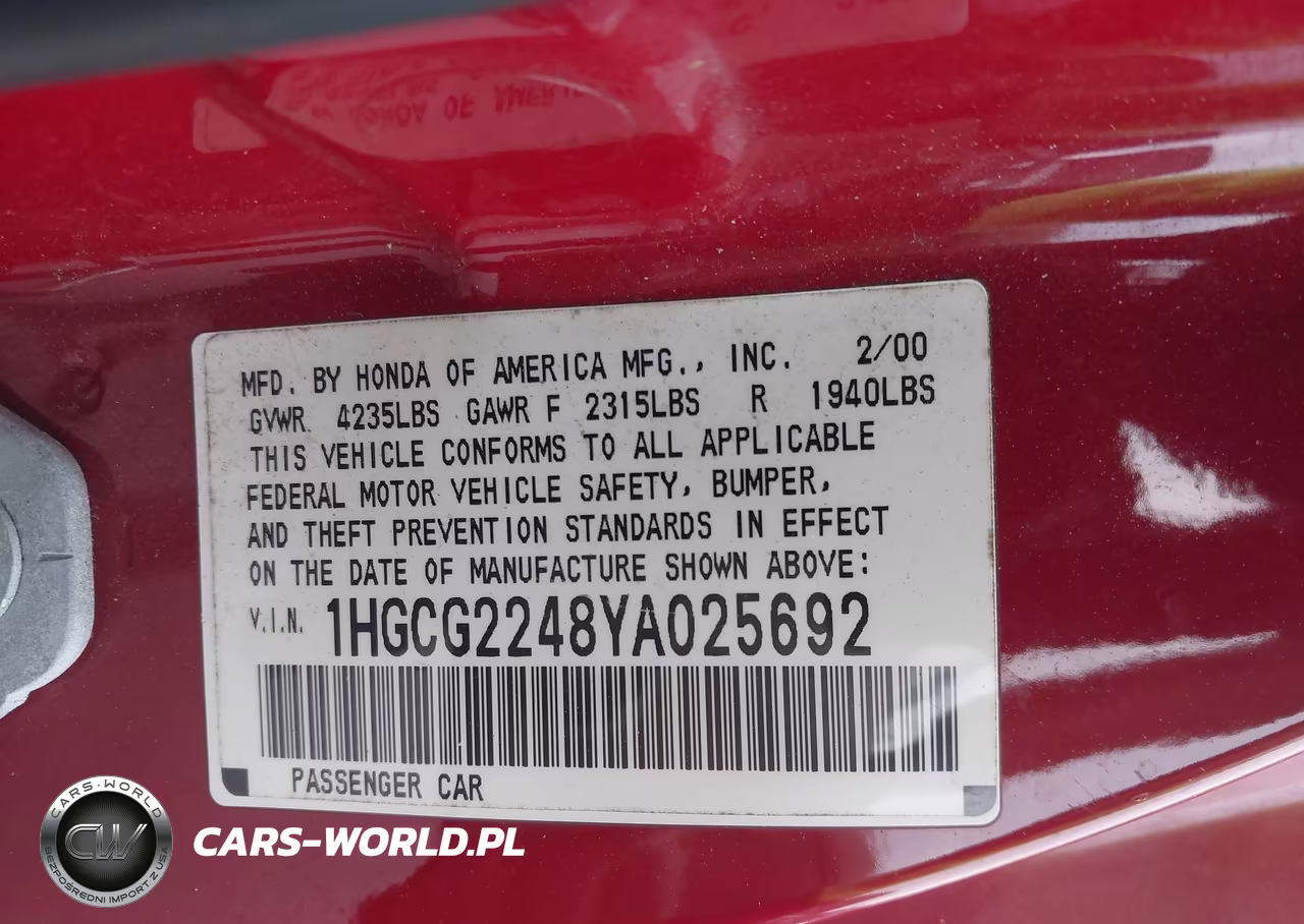 2000 Honda Accord 3.0 Lx VIN:1HGCG2248YA025692 - 9