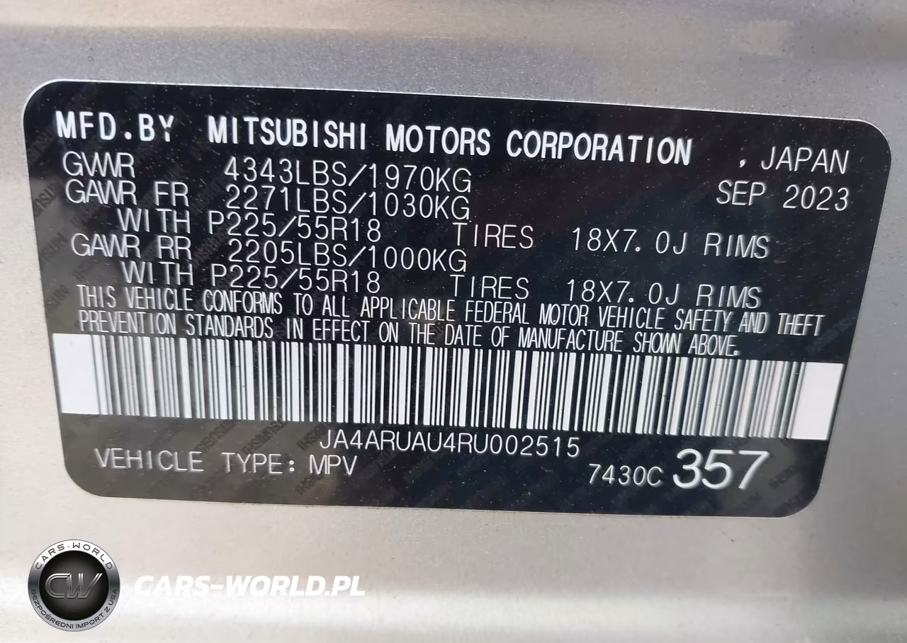 2024 Mitsubishi Outlander Sport 2.0 Es Awc-2.0 Le Awc-2.0 Ralliart Awc-2.0 S Awc-2.0 Se Awc-2.0 Trail Edition Awc VIN:JA4ARUAU4RU002515 - 9