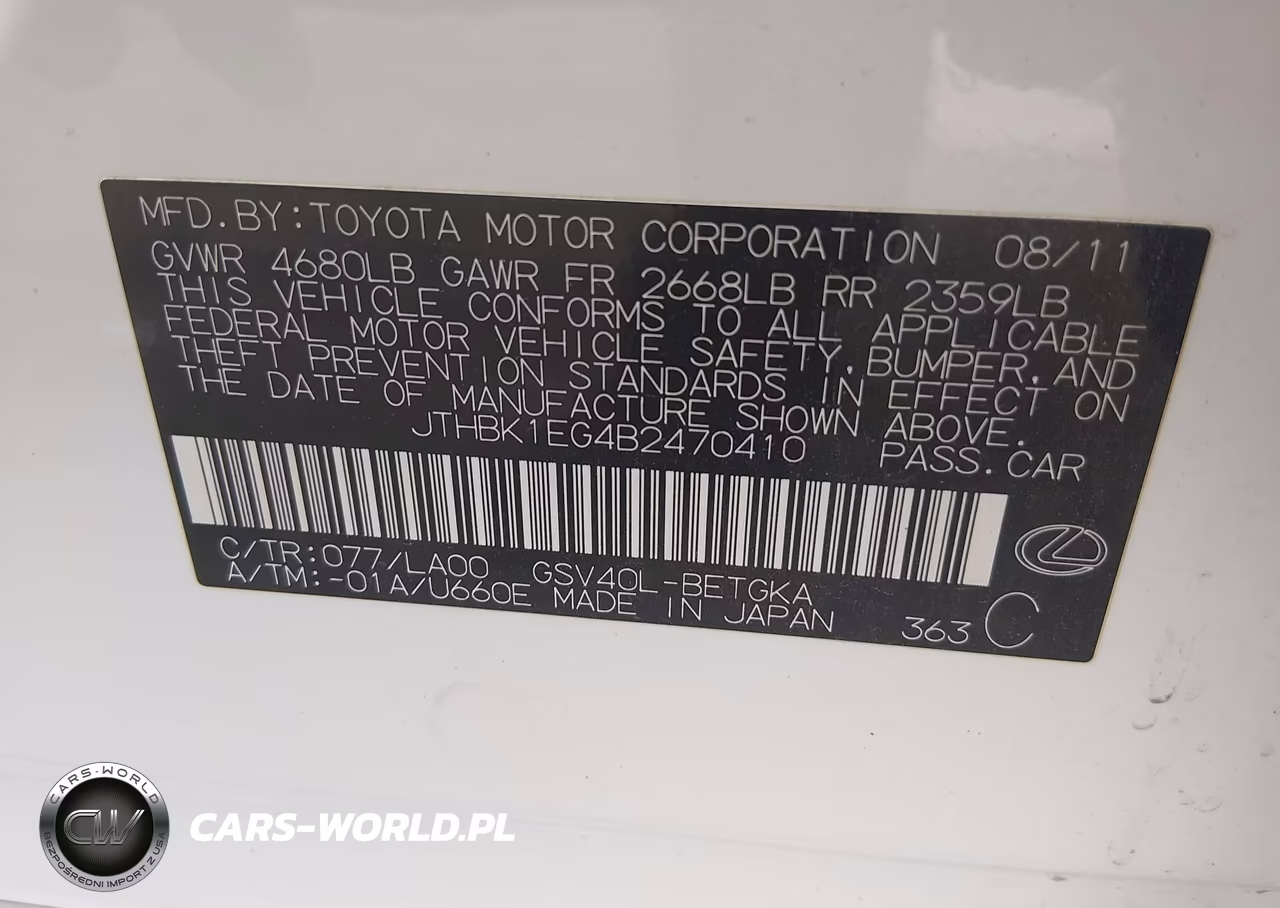 2011 Lexus Es 350 VIN:JTHBK1EG4B2470410 - 9