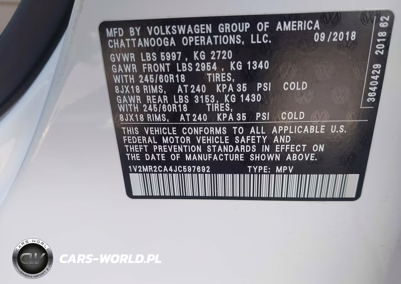 2018 Volkswagen Atlas 3.6L V6 Sel VIN:1V2MR2CA4JC597692 - 9