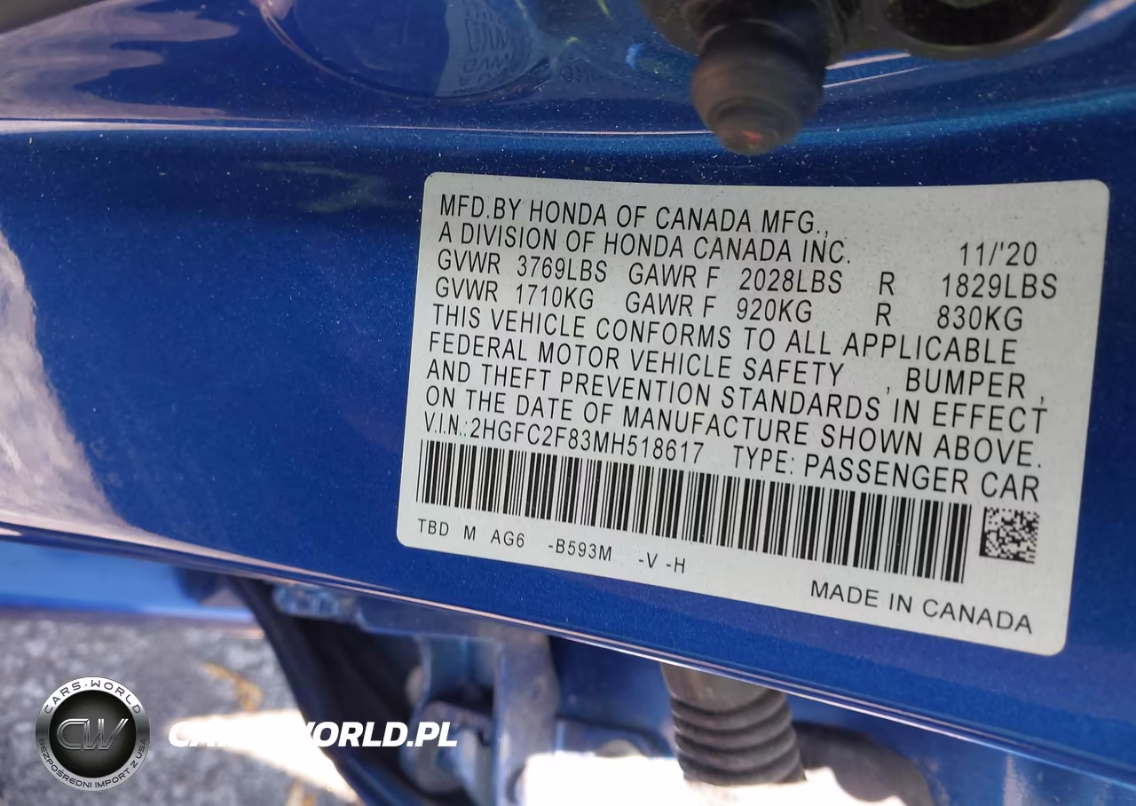 2021 Honda Civic Sport VIN:2HGFC2F83MH518617 - 9