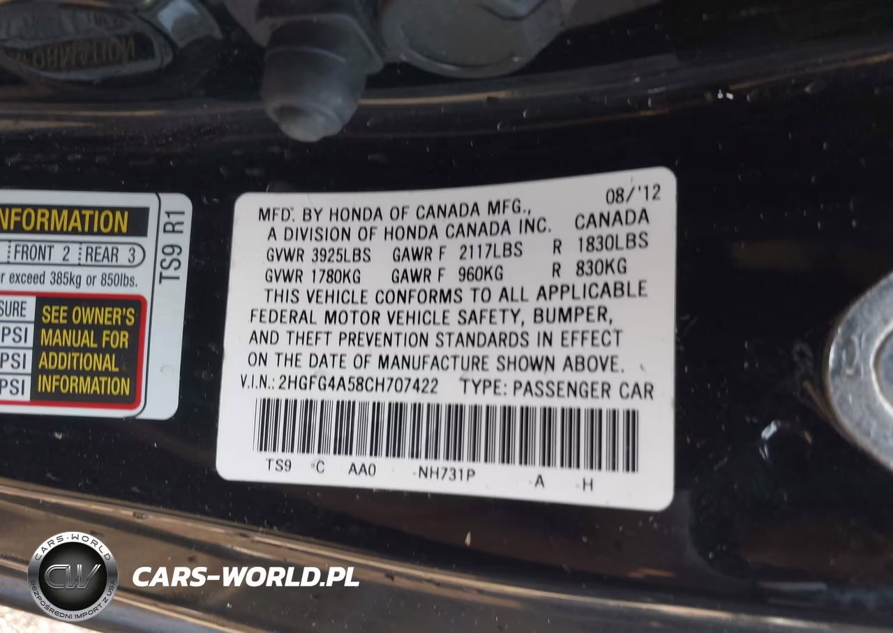 2012 Honda Civic Si VIN:2HGFG4A58CH707422 - 9