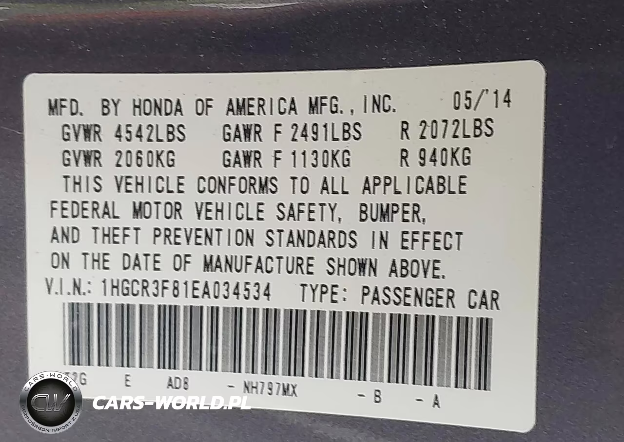 2014 Honda Accord Ex-L V-6 VIN:1HGCR3F81EA034534 - 9