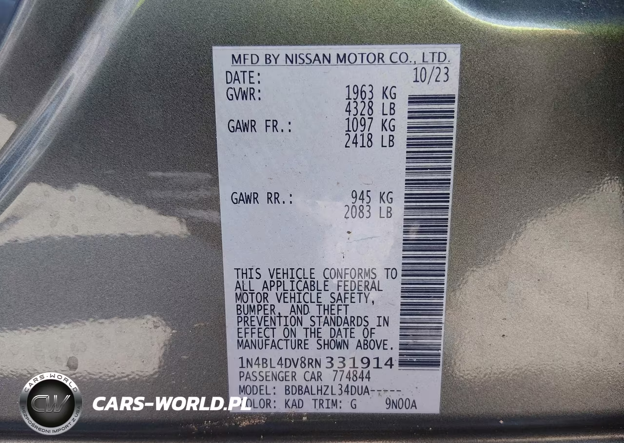 2024 Nissan Altima Sv Fwd VIN:1N4BL4DV8RN331914 - 9