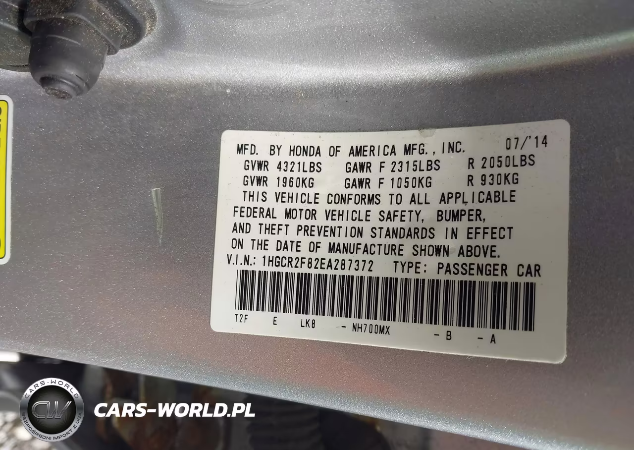 2014 Honda Accord Ex-L VIN:1HGCR2F82EA287372 - 9