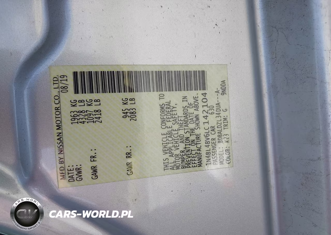 2020 Nissan Altima S Fwd VIN:1N4BL4BV6LC142104 - 9