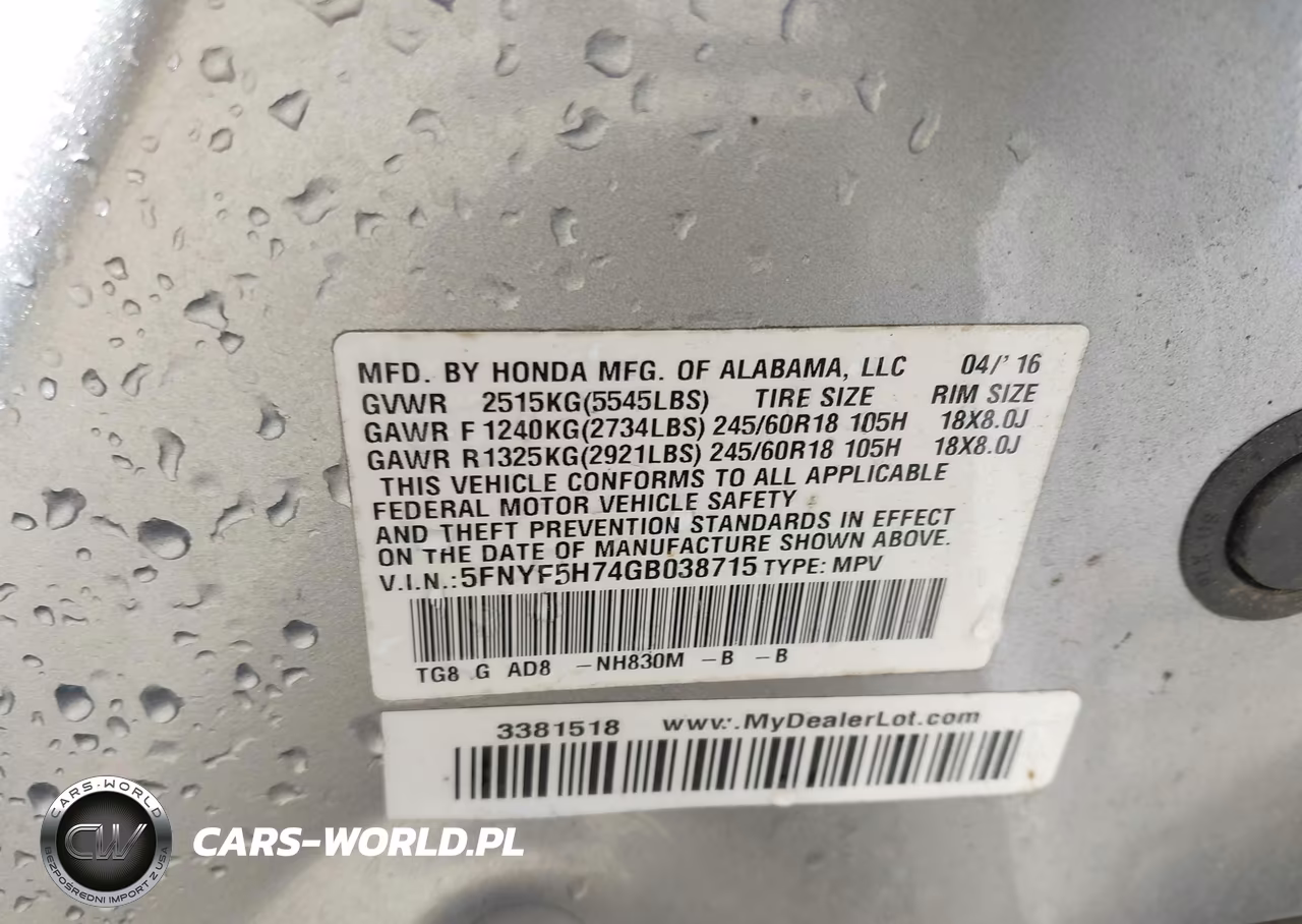 2016 Honda Pilot Ex-L VIN:5FNYF5H74GB038715 - 9