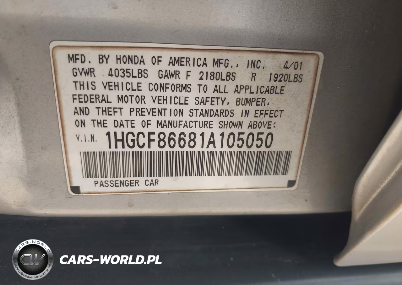 2001 Honda Accord Value Package VIN:1HGCF86681A105050 - 9