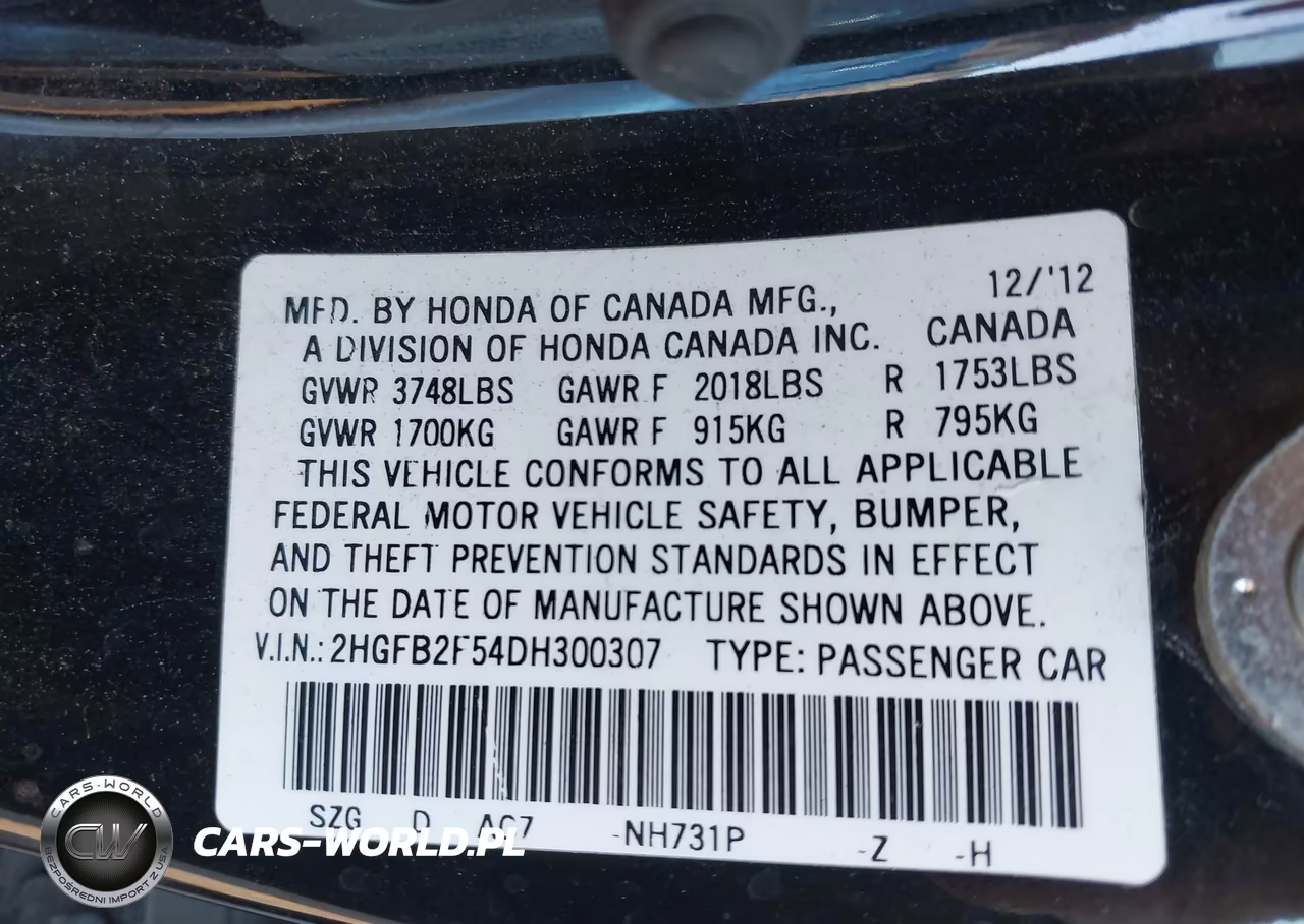 2013 Honda Civic Lx VIN:2HGFB2F54DH300307 - 9