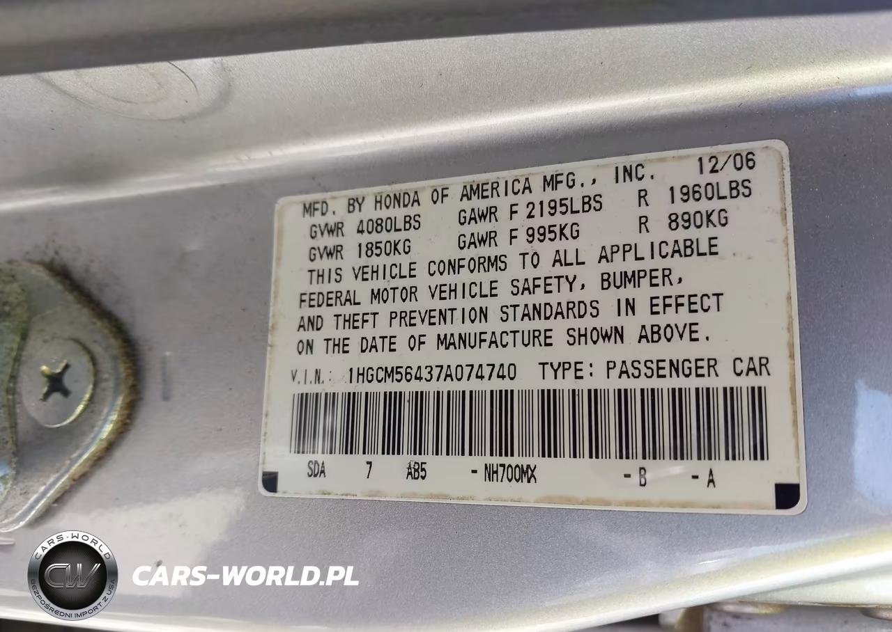 2007 Honda Accord 2.4 Lx VIN:1HGCM56437A074740 - 9