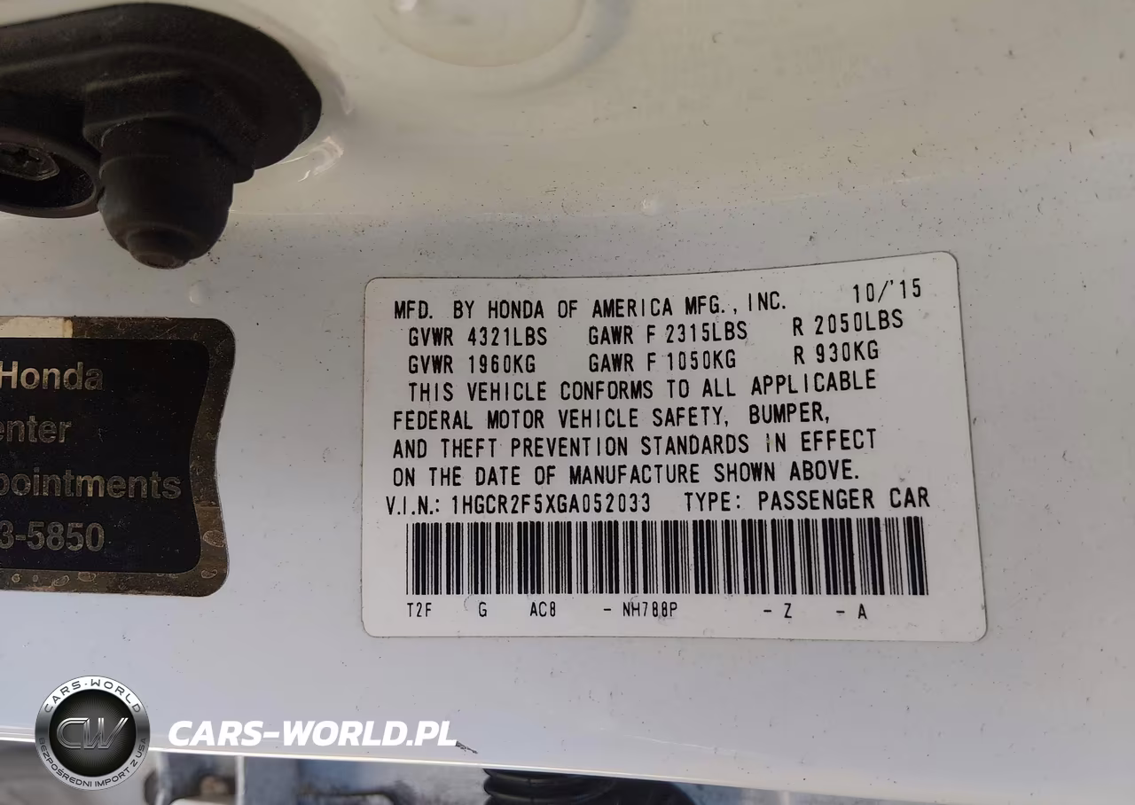 2016 Honda Accord Sport VIN:1HGCR2F5XGA052033 - 9