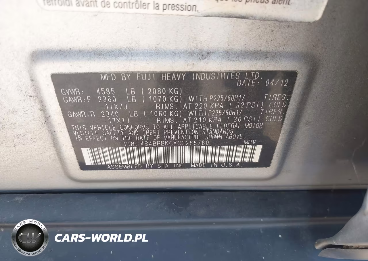 2012 Subaru Outback 2.5I Limited VIN:4S4BRBKCXC3285760 - 9