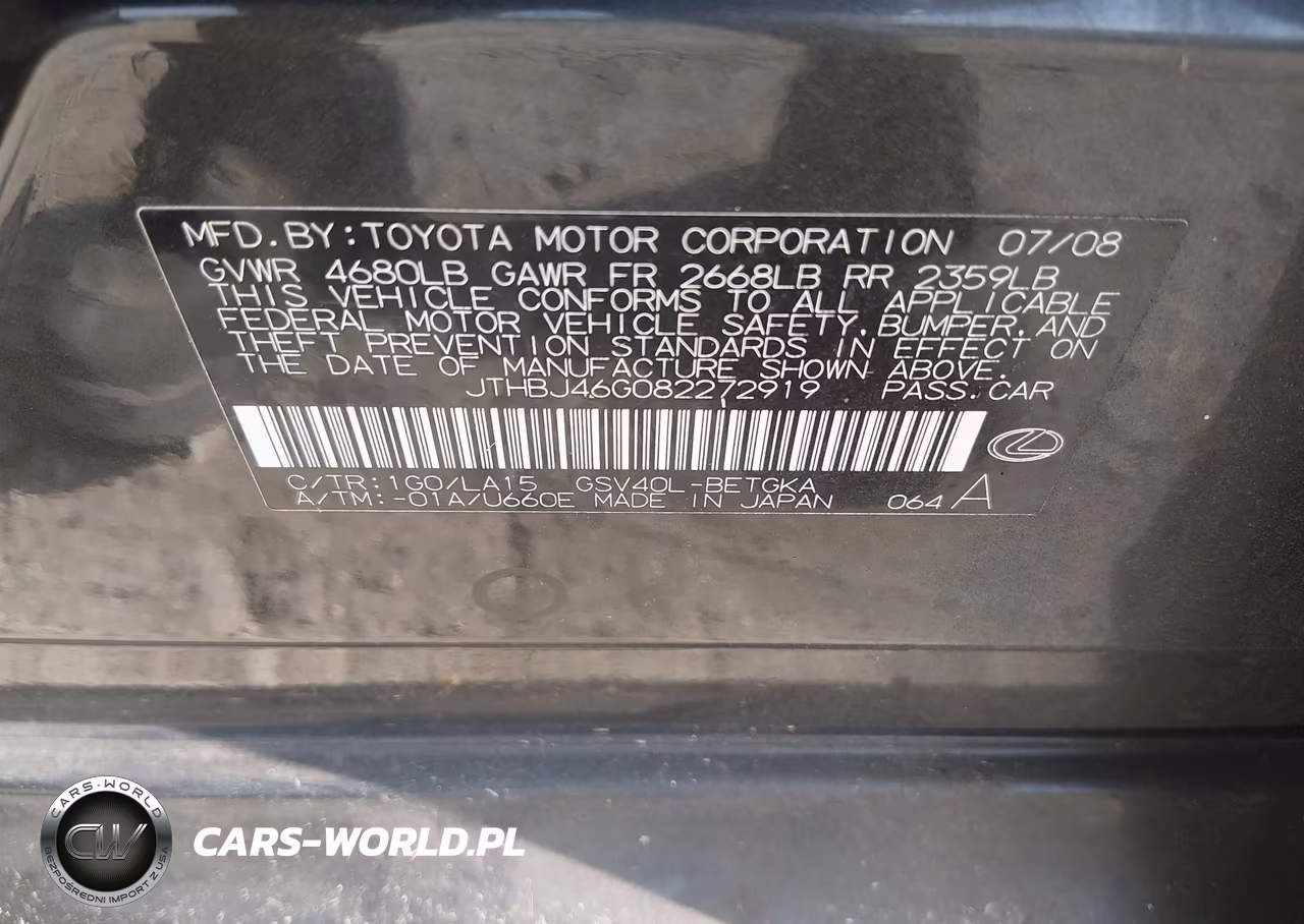 2008 Lexus Es 350 VIN:JTHBJ46G082272919 - 9