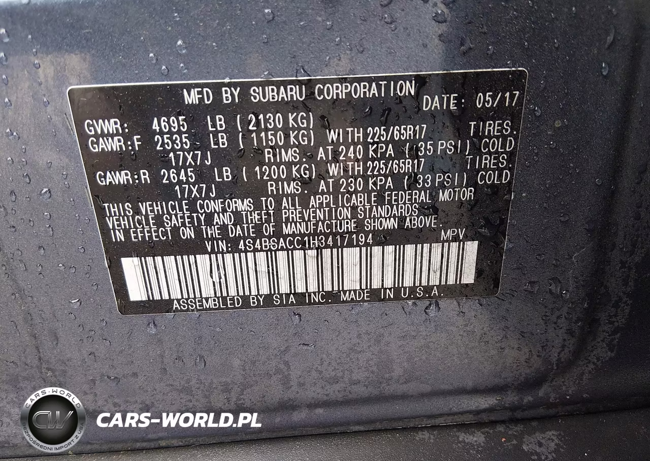 2017 Subaru Outback 2.5I Premium VIN:4S4BSACC1H3417194 - 9