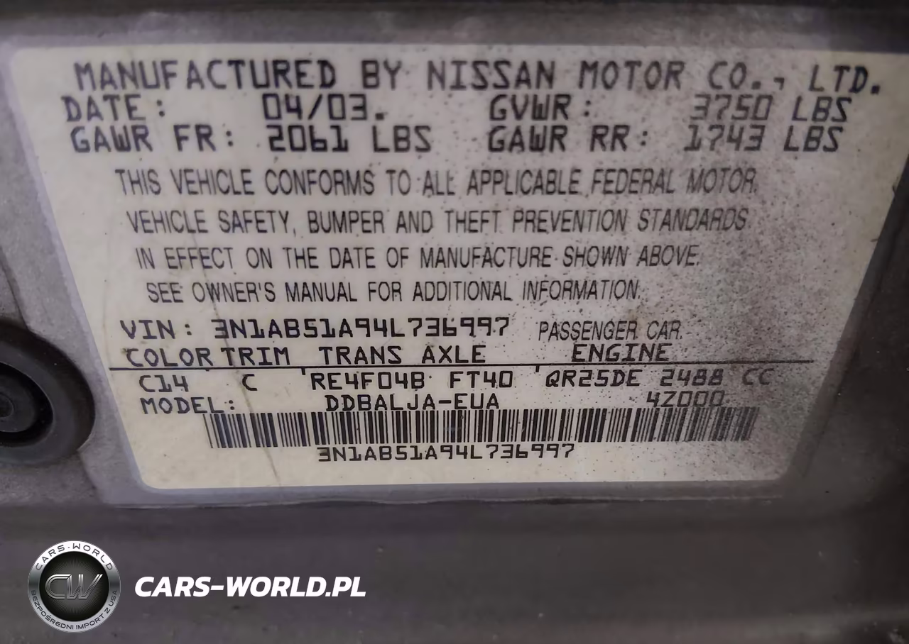 2004 Nissan Sentra 2.5S VIN:3N1AB51A94L736997 - 9