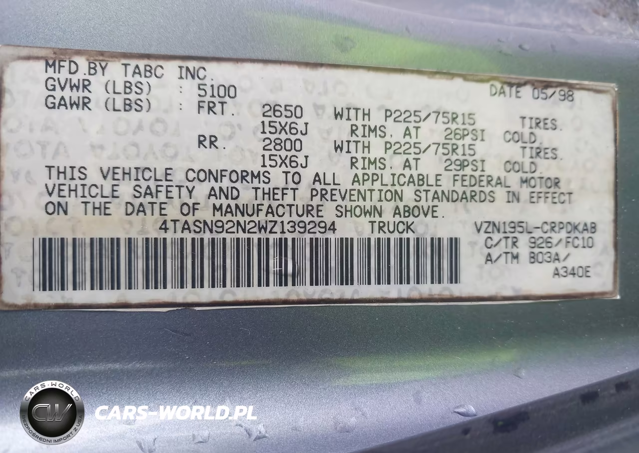 1998 Toyota Tacoma Prerunner V6 VIN:4TASN92N2WZ139294 - 9