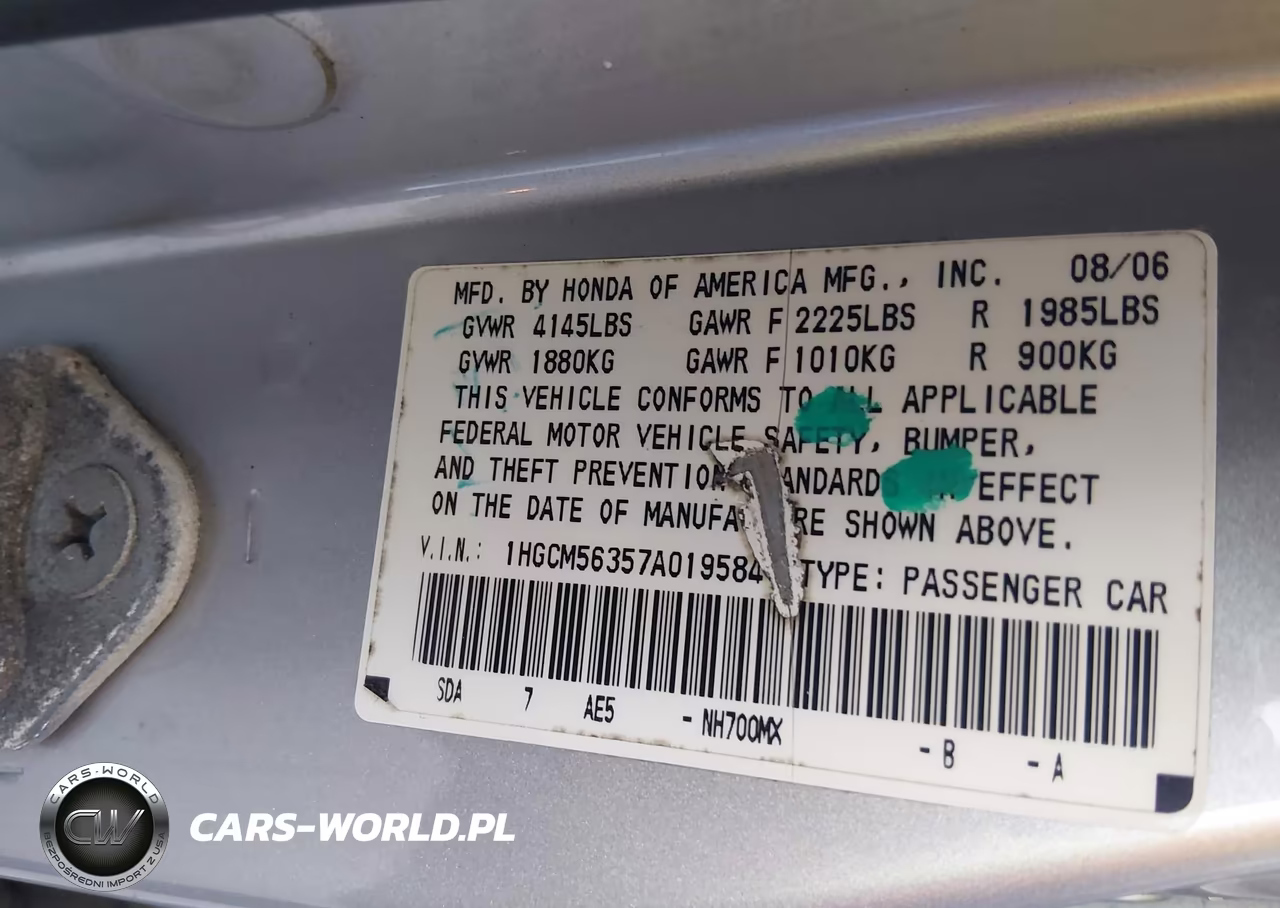 2007 Honda Accord 2.4 Se VIN:1HGCM56357A019584 - 9