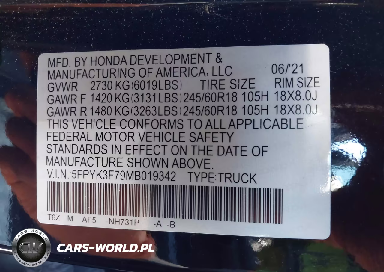 2021 Honda Ridgeline Rtl VIN:5FPYK3F79MB019342 - 9