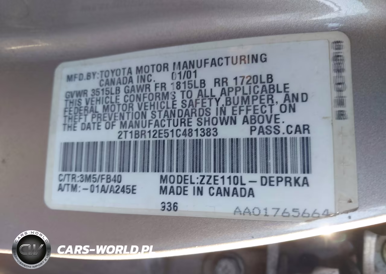 2001 Toyota Corolla Ce VIN:2T1BR12E51C481383 - 9