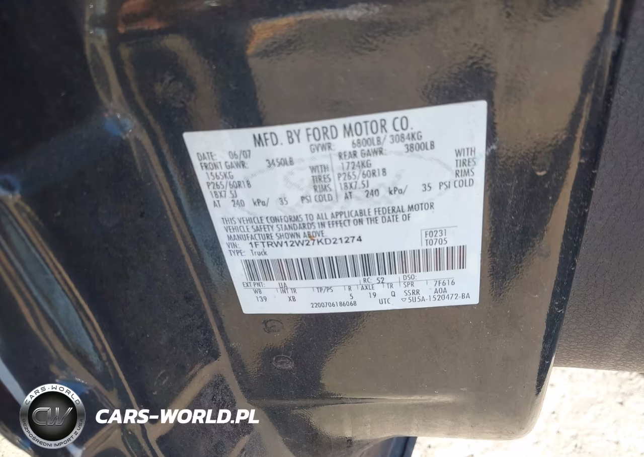2007 Ford F150 Supercrew VIN:1FTRW12W27KD21274 - 9