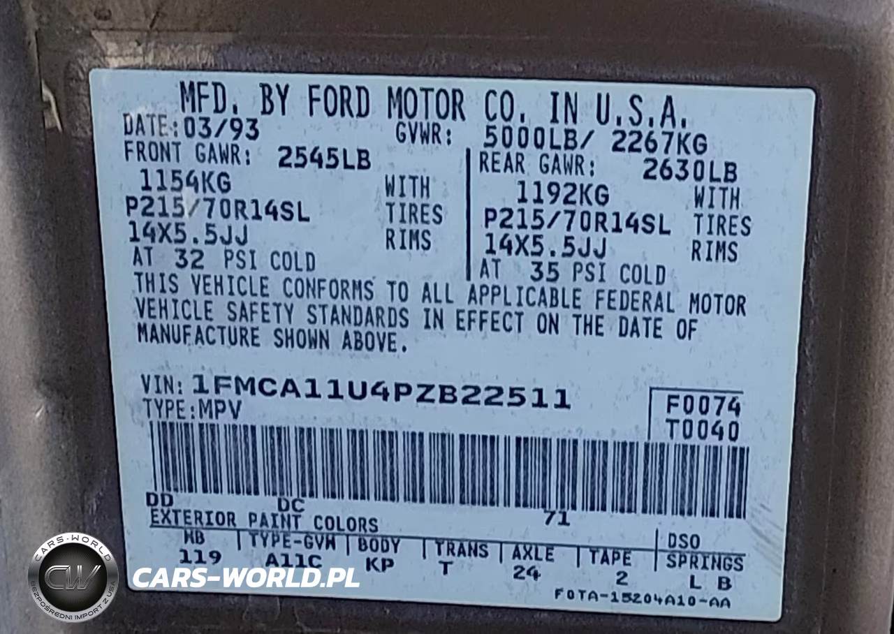 1993 Ford Aerostar VIN:1FMCA11U4PZB22511 - 9