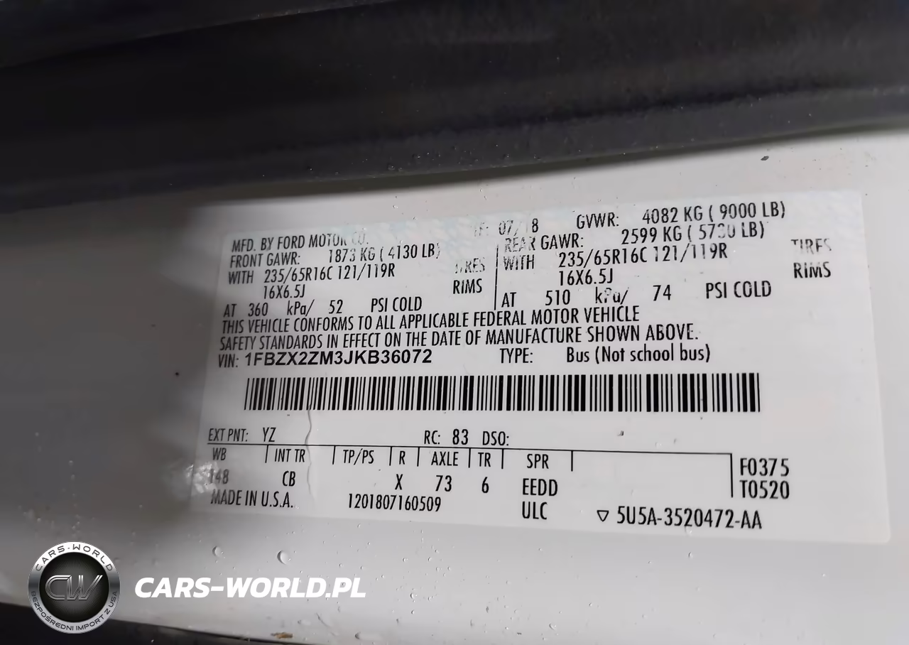 2018 Ford Transit T-350 VIN:1FBZX2ZM3JKB36072 - 9