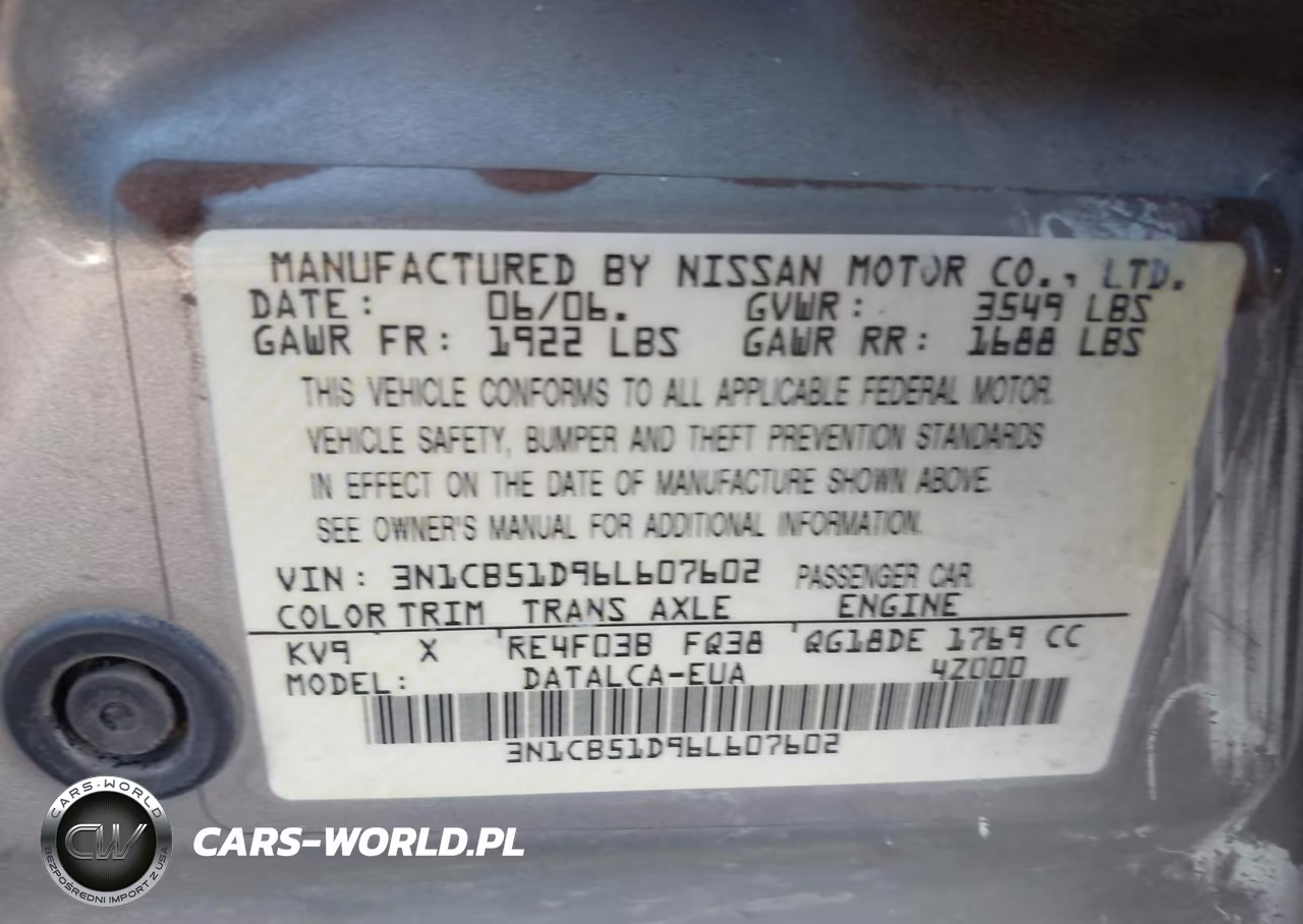 2006 Nissan Sentra 1.8 VIN:3N1CB51D96L607602 - 9