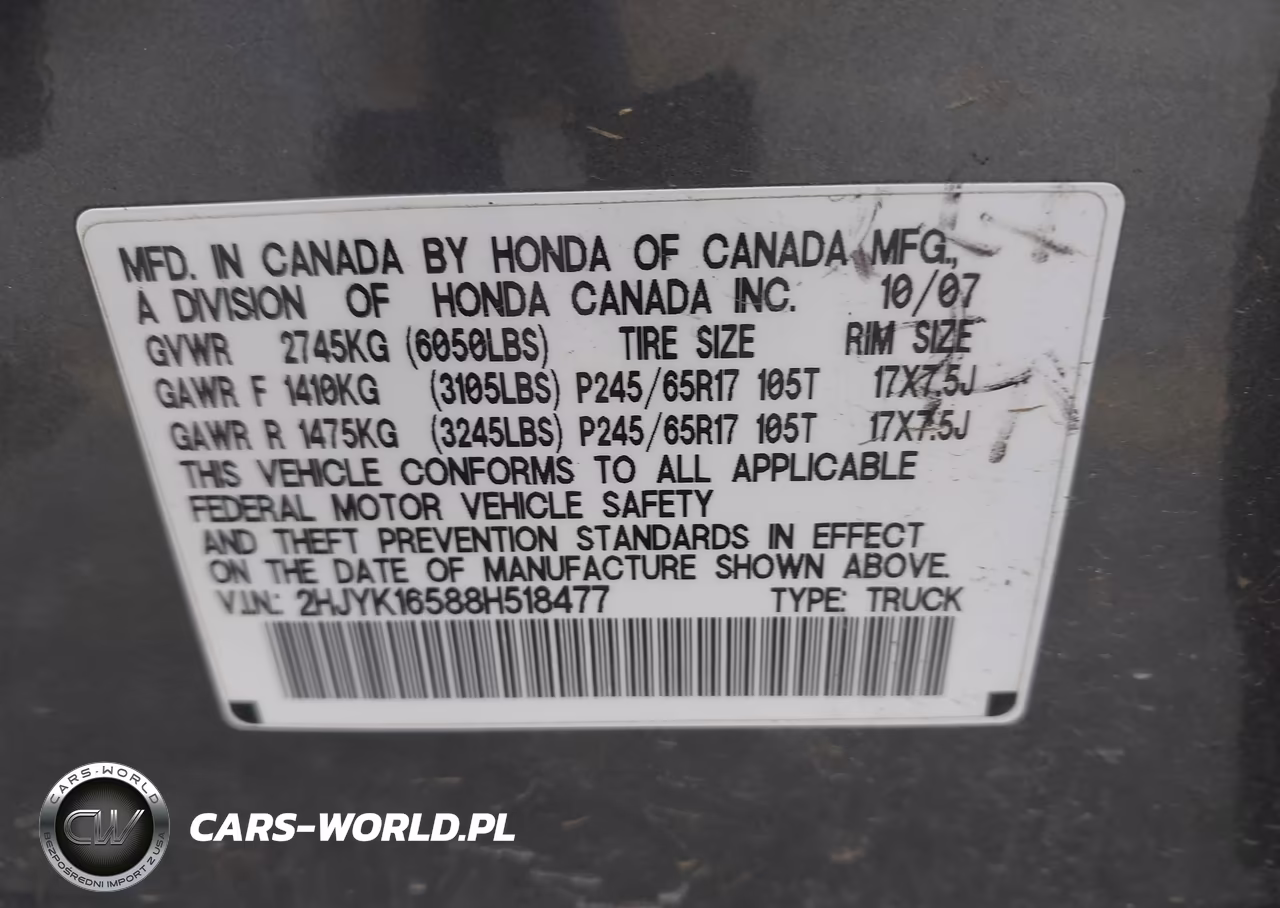 2008 Honda Ridgeline Rtl VIN:2HJYK16588H518477 - 9