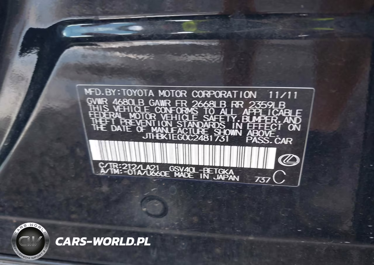 2012 Lexus Es 350 VIN:JTHBK1EG0C2481731 - 9