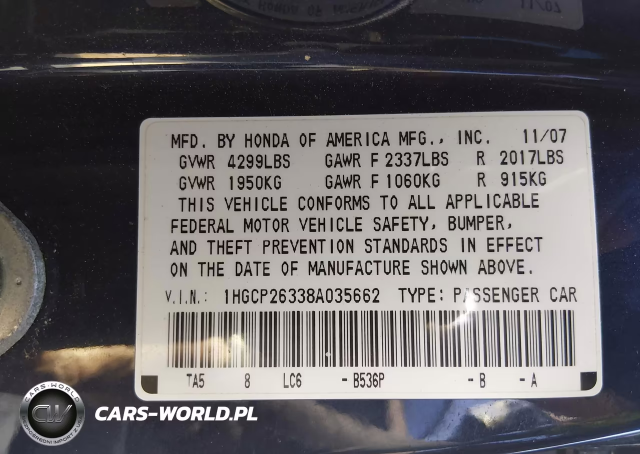 2008 Honda Accord 2.4 Lx VIN:1HGCP26338A035662 - 9