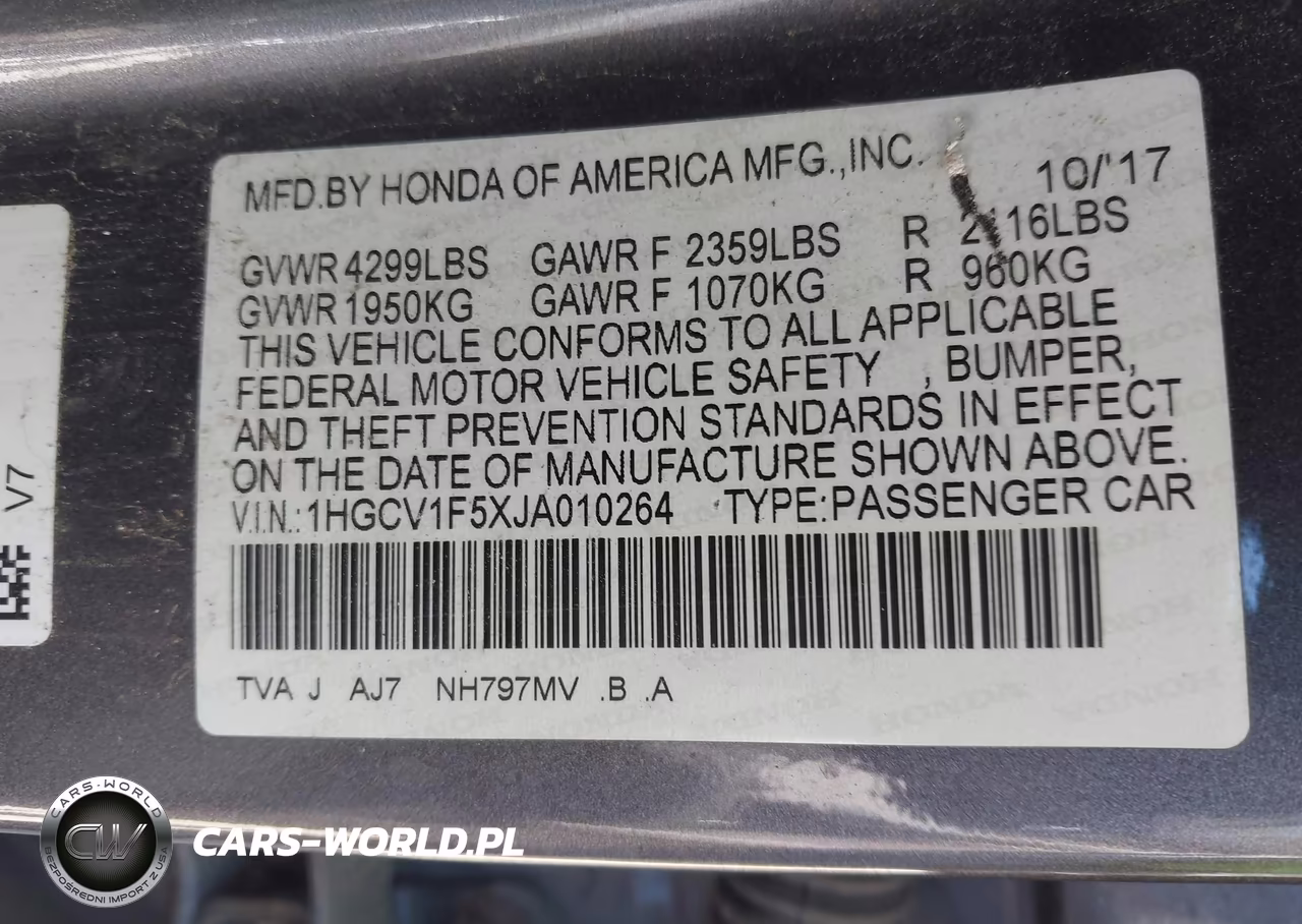2018 Honda Accord Ex-L VIN:1HGCV1F5XJA010264 - 9