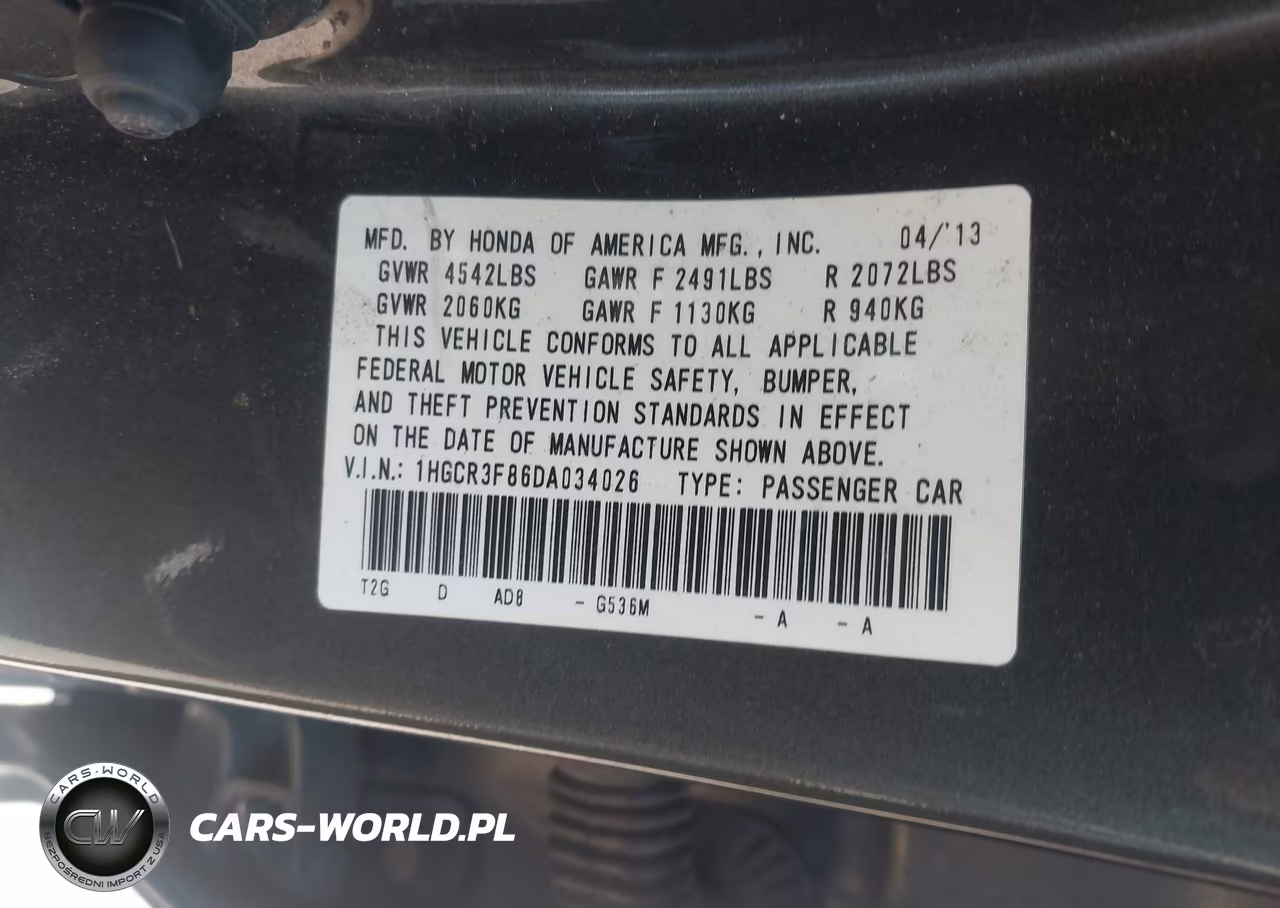 2013 Honda Accord Ex-L V-6 VIN:1HGCR3F86DA034026 - 9