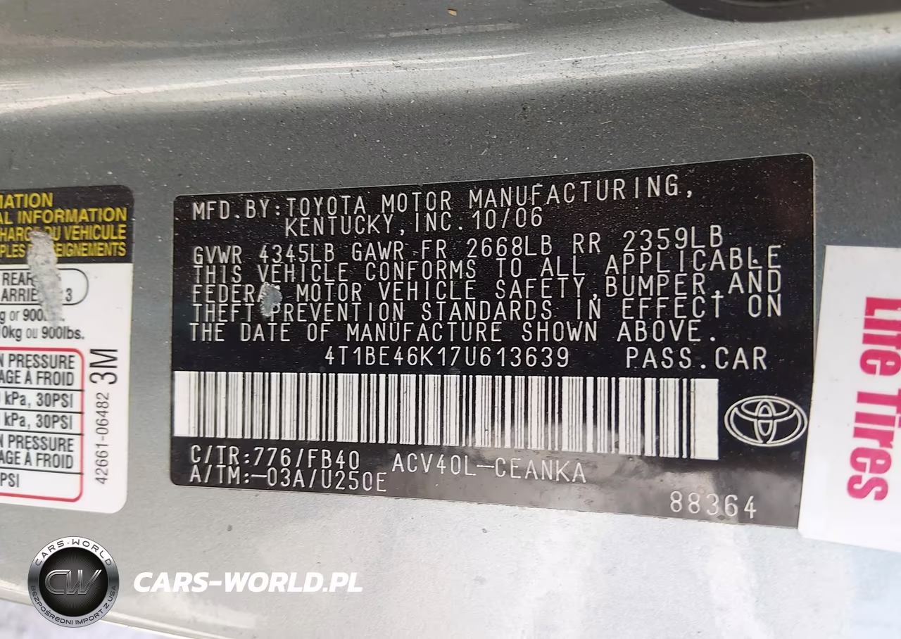 2007 Toyota Camry Le VIN:4T1BE46K17U613639 - 9