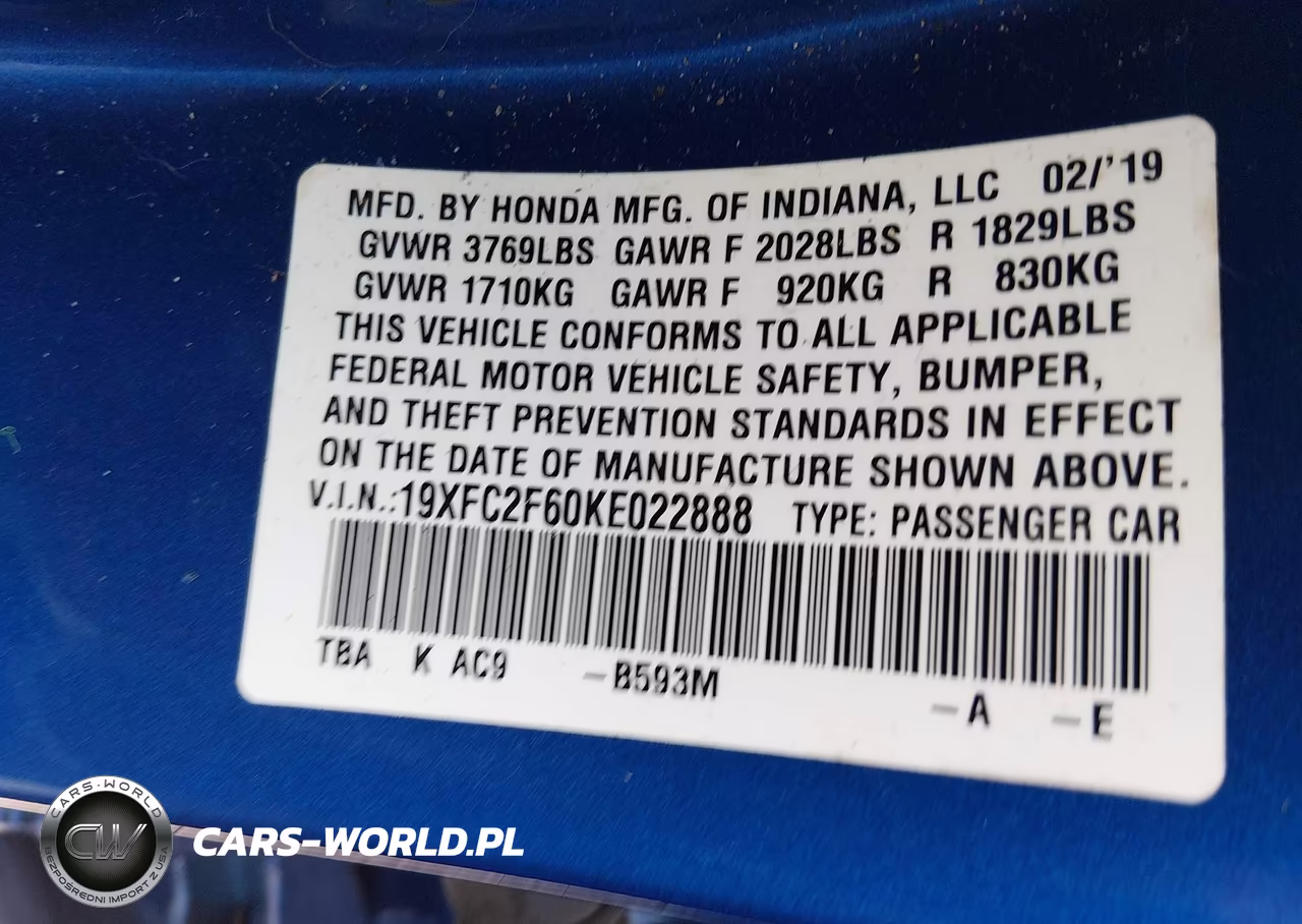2019 Honda Civic Lx VIN:19XFC2F60KE022888 - 9