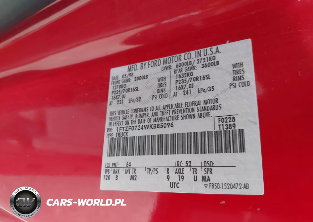 1998 Ford F-150 Xl-Xlt VIN:1FTZF0724WKB85096 - 9