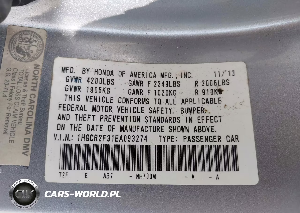 2014 Honda Accord Lx VIN:1HGCR2F31EA093274 - 9