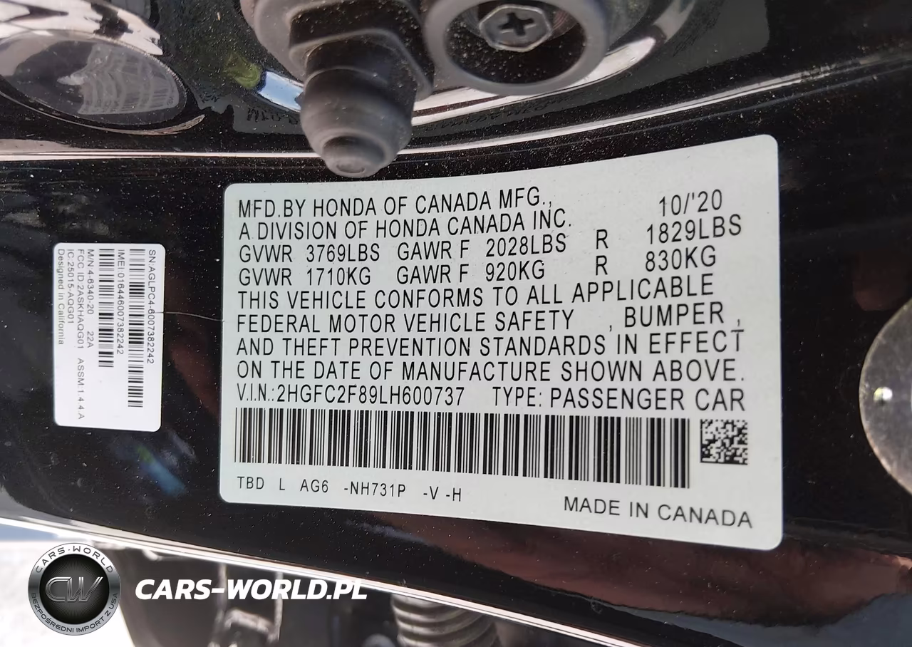 2020 Honda Civic Sport VIN:2HGFC2F89LH600737 - 9