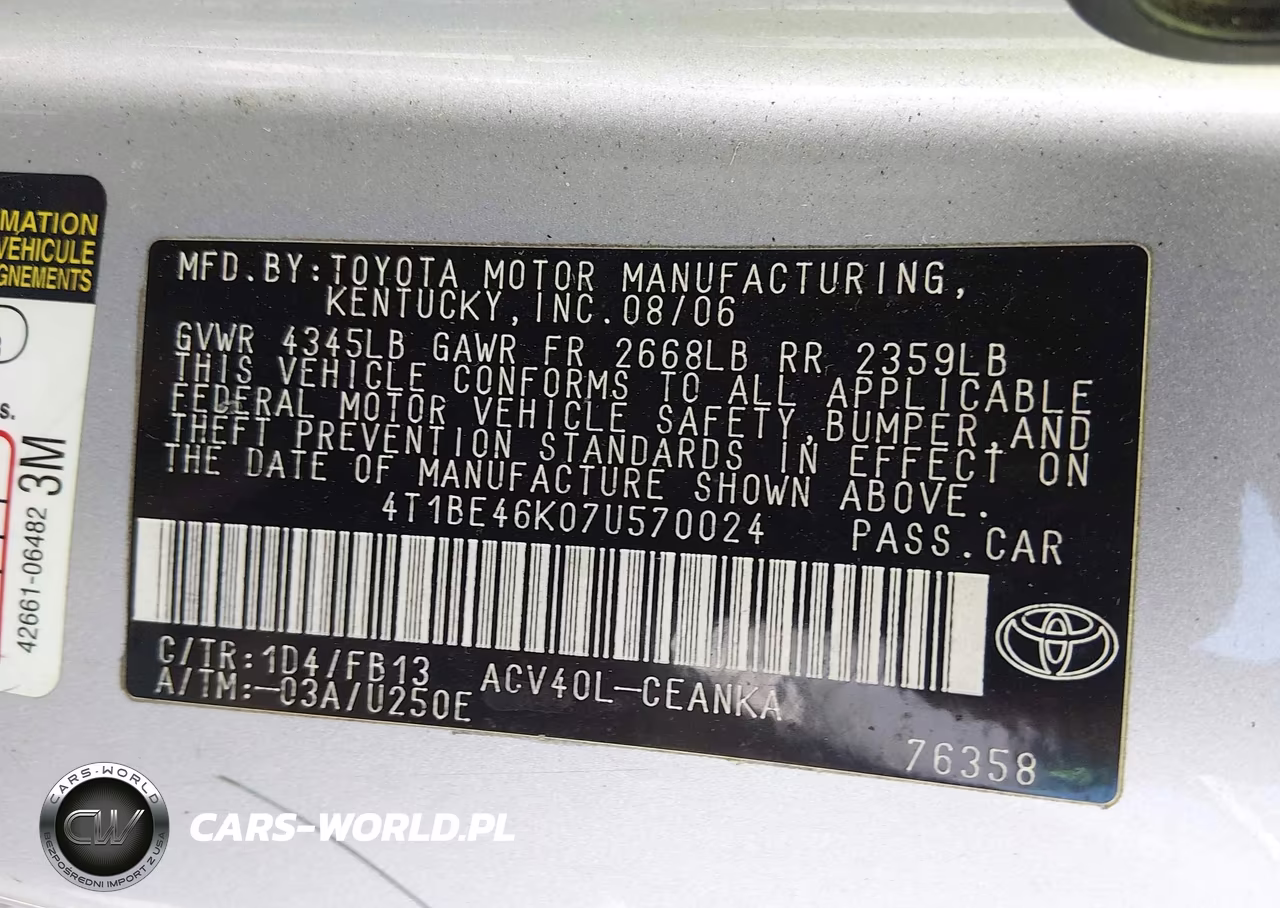 2007 Toyota Camry Le VIN:4T1BE46K07U570024 - 9